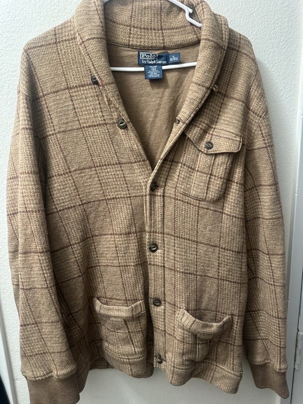 Vintage 90s Polo Ralph Lauren Plaid Shawl Cardigan Jacket XL Flawless wool